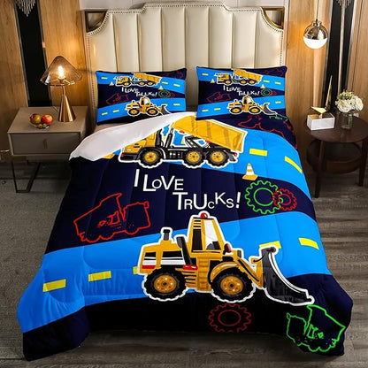 Truck Comforter Set Boys Twin Bedding Sets Kids Excavator Equipment Truck Down Comforter Construction Vehicle Quilt Duvet Set Cartoon Machinery Truck Gear Duvet Set Bulldozer Tractor Cars,Colorful