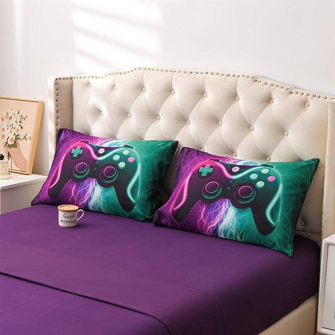 Meeting Story Gamer Gaming Bedding Sets Black Pink Lightnings Gamepad Comforter Set for Boys Games Console Action Buttons Novelty Colorful Modern Room Decor Home Quilt Set (Green-Purple, Twin 5Pcs)