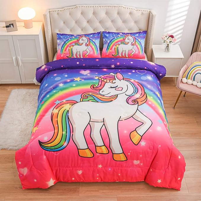 Aimuan Girls Unicorn Comforter Set 3 Pieces Pink Purple Bedding Set with Rainbow Star Galaxy Stars Fantasy Children Room Decor Soft Reversible Bed Sets for Boys/Girls/Teens (Pink-Purple Twin3Pcs)