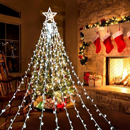 Aokudoni Christmas Decorations Outside, 12.6FT 350 LED 8 Modes Star Christmas Lights Outdoor, Christmas Lights for House Yard Porch Holiday Decoration, Cool White