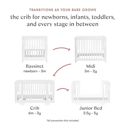 Babyletto Yuzu Convertible All-Stages Bassinet, Midi, Full-Size Crib in White, Greenguard Gold Certified, Portable & Adjustable with Conversion Kits and Pads Included