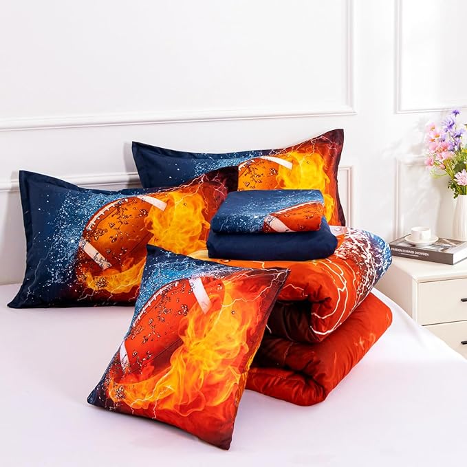 NTBED American Football Comforter Set for Boys Teens,3D Sports Bedding Full Size 6pcs,Rugby Printed Quilt Sets with 2 Matching Pillow Shams