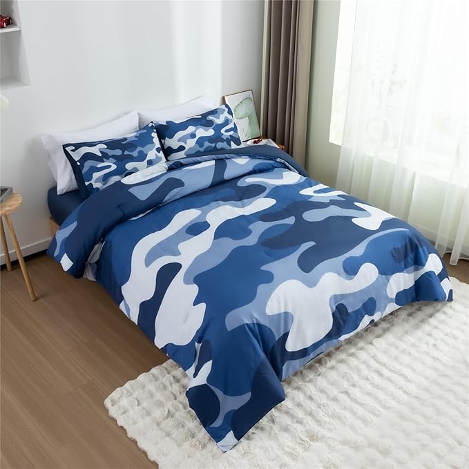 Meeting Story Camouflage Bedding Set, Colorful Pattern Style Comforter Set, 3 PCS One Comforter Two Pillowcases Two Sheets in One Bag, All Season Bedspread for Teens Adults (Navy,King