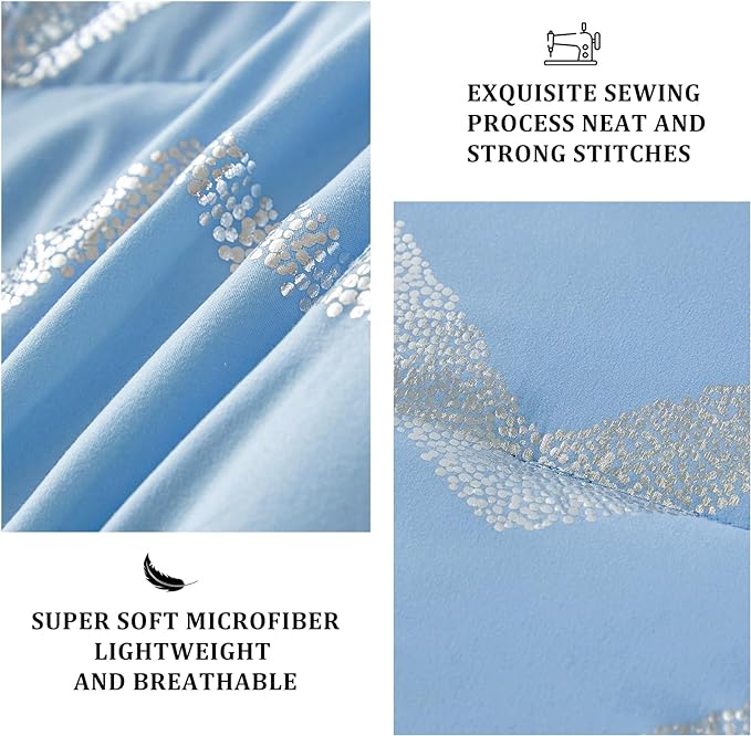 Blue/Silver Comforter Set Twin, Metallic Print Glitter Bedding Set Cute Shinny Bed Sets for Teen Girls Kids Women, 3 Piece (1 Pillowcase, 1 Decorative Pillow Sham)