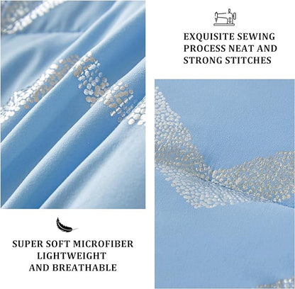 Blue/Silver Comforter Set Twin, Metallic Print Glitter Bedding Set Cute Shinny Bed Sets for Teen Girls Kids Women, 3 Piece (1 Pillowcase, 1 Decorative Pillow Sham)