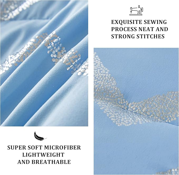 King Comforter Set Blue/Silver Metallic Print Glitter Bedding Set Cute Shinny Bed Sets for Teen Girls Kids Women, 4 Piece (2 Pillowcases, 1 Decorative Pillow Sham)