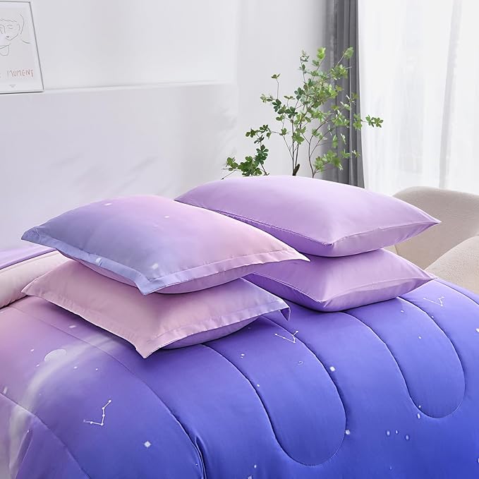 Dinjoy Girls Comforter Set Twin XL Size Rainbow Ombre Purple Lavender Pink Bedding Set Gradient 6 Pieces Bed in A Bag for Kids Teen Girl Women(1 Comforter, 1 Flat Sheet, 1 Fitted Sheet)