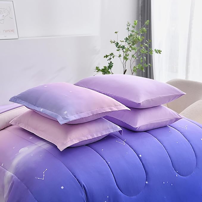 Dinjoy Girls Comforter Set King Size Rainbow Ombre Purple Lavender Pink Bedding Set Gradient 6 Pieces Bed in A Bag for Kids Teen Girl Women(1 Comforter, 1 Flat Sheet, 1 Fitted Sheet)