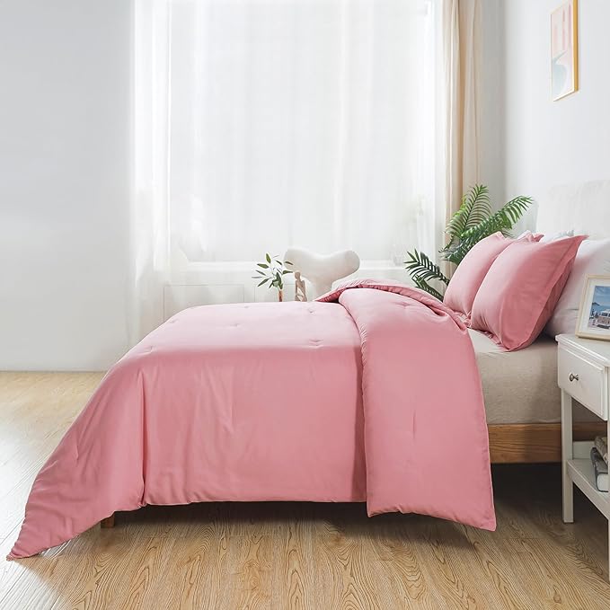 Queen Pink Comforter Set, Blush Women Girls Pink Skin-Friendly Boho Bedding Set & Collections, Breathable Fluffy Microfiber 3 PCS (90"x90") Comforter Set for All Seasons with Pillowcases