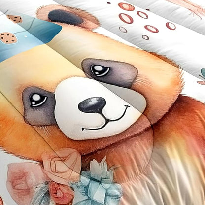Panda Comforter Set Queen Size, Cute Brown Panda Pattern Queen Size Comforter Set, Kawaii Cute Animal Printed Kids Bedroom Decor, 3Pcs Bedding Set Printed Comforter with 2 Pillowcases, All Season
