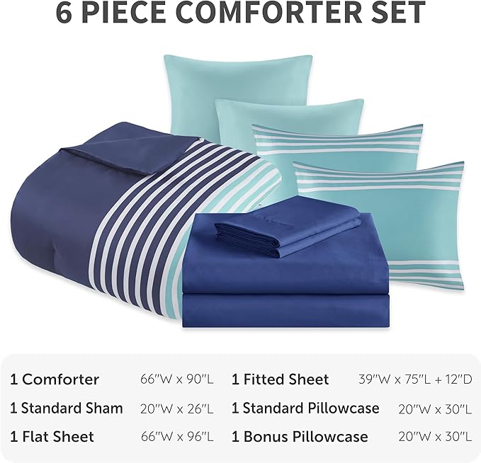 Comfort Spaces Twin Comforter Sets with Sheets - Bed in a Bag 6 Pieces Teen Bedding Sets Twin, Navy and Grey Stripes Bedding Twin, College Twin Bed Set, 2 Side Pockes Bedroom Organizer Twin Navy