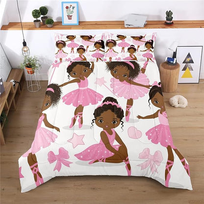 Full Bedding Sets for Girls, African American Magic Comforter Set with Ballet Dancer, Pink Bed Set for Kids Teens, Little Girls Bedroom Decor