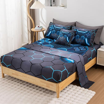 8Pcs Game Console Comforter Set with Sheets for Boys Girls Kids Teens, Geometric Gaming Themed Bed in A Bag Twin Size, Blue 3D Video Gamer Controller Bedroom Decor Bedding Set-Blue