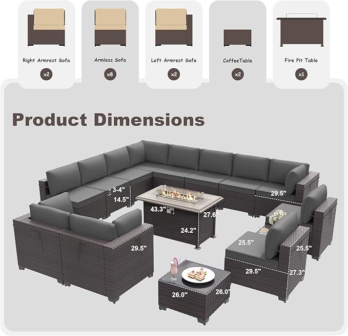 15PCS Patio Furniture Set with Fire Pit Table Outdoor Sectional Furniture Outdoor Sofa Rattan Patio Conversation Sets with 43in 55,000 BTU Propane Gas Fire Pit Table Glass Table, Grey