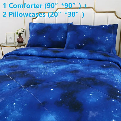 3PCS Blue Galaxy Comforter Set Queen Size, Bed in a Bag Summer Quilt Queen Size, Lightweight and Fade Resistant, Cute Bed Set for Boys Girls Toddler Kids and Teens, Queen
