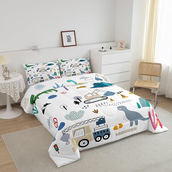 Cartoon Car Comforter Set King Size, Kawaii Dino Bedding For Child, Machinery Trucks Construction Vehicle Cartoon Dinosaurs Bedding Comforter Sets, Cute Wild Animal Equipment Blue Gray Green Quilt