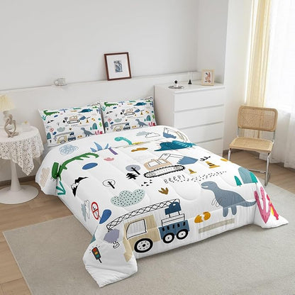 Cartoon Car Comforter Set King Size, Kawaii Dino Bedding For Child, Machinery Trucks Construction Vehicle Cartoon Dinosaurs Bedding Comforter Sets, Cute Wild Animal Equipment Blue Gray Green Quilt