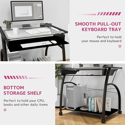 Acme Vincent Glass Top Computer Cart with Pull-out Keyboard in Pewter