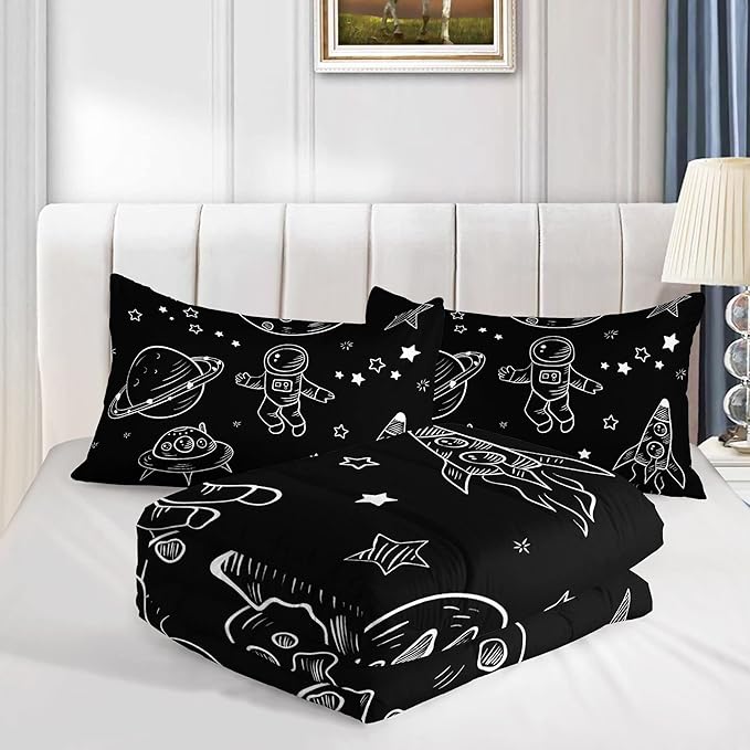 Datura home Kids Space Astronaut Comforter Set for Boys Kids Children,Galaxy Space Ship Astronaut Rocket Printed Bedding Set with 1 Comforter & 2 Pillowcases(Space Galaxy Queen), Queen 90x90inches