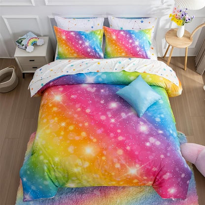 A Nice Night 6Pcs Gradient Glitter Bedding Set for Girls, Colorful Rainbow Galaxy Comforter Set, Ultra Soft Bedding Sets (Multi,Full 6Pcs)