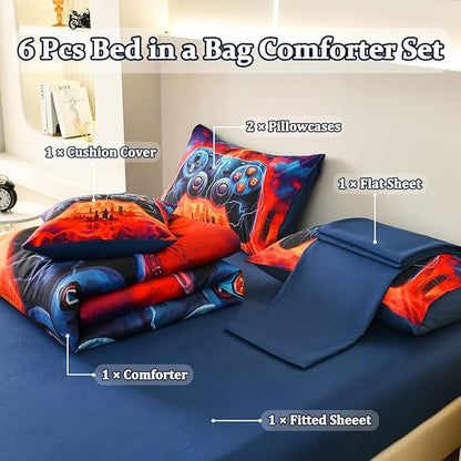 Game Console Twin Comforter Set with Sheets, Microfiber 6 Pcs Bed in A Bag Twin Size Gamer Bedding Set for Boys Kids Teens