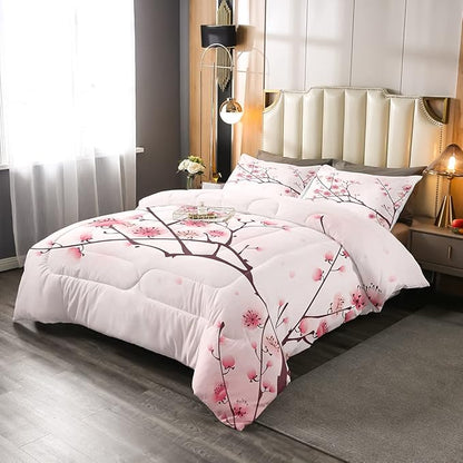 Erosebridal Cherry Blossoms Comforter Set Twin, Girl Pink Floral Down Comforter, Japanese Spring Bedding Set, Pale Pink Blossom Petal Quilted Duvet, Branch Floral Duvet Set for Women,Girly Romantic