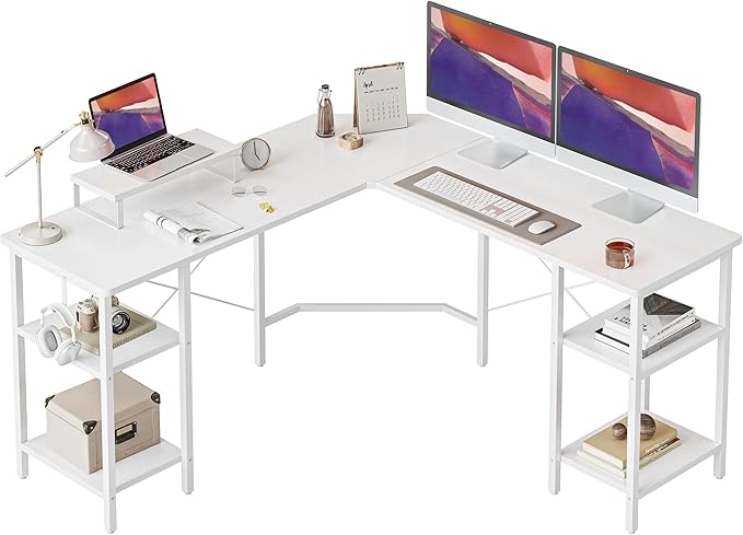 BANTI L Shaped Desk with Shleves, 58 inch Large Corner Desk with Two Storage, Space Saving, Easy to Assemble, White
