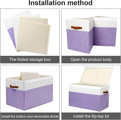 Large Toy Storage Box with Lid, Sturdy Toys Storage Chest Bin Organizer Basket with Dividers for Kids, Boys, Girls, Nursery, Closet, Bedroom, Playroom 25"x13" x16" (Purple and White)