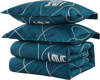 Blue Green Comforter Set Twin Size, 2 Pieces Modern Lines Pattern with Love, Soft Microfiber Bedding Comforter Set, Down Alternative Comforters for All Season (68 * 90’’)