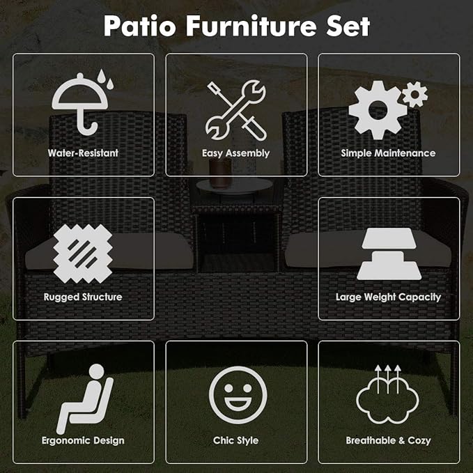 LUARANE Outdoor Rattan Sofas, Contract Patio Conversation Set Wicker Sofa Set with Built-in Coffee Table, Patio Furniture Set with Cushions, Rattan Loveseat for Lawn Backyard Garden (Brown+Beige)