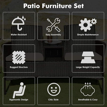 LUARANE Outdoor Rattan Sofas, Contract Patio Conversation Set Wicker Sofa Set with Built-in Coffee Table, Patio Furniture Set with Cushions, Rattan Loveseat for Lawn Backyard Garden (Brown+Beige)