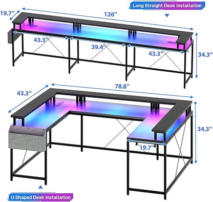 U Shaped Computer Gaming Desk, Reversible L Shaped Desk with Power Outlets, LED Strip & Monitor Stand, Large Corner Desk with Storage Shelves for Home Office, Black