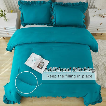 Andency Turquoise King Comforter Set(104x90Inch), 3 Pieces(1 Ruffle Comforter and 2 Pillowcases) Lightweight and Fluffy Bedding Comforter Set, All Season Soft Microfiber Shabby Chic Bedding Set