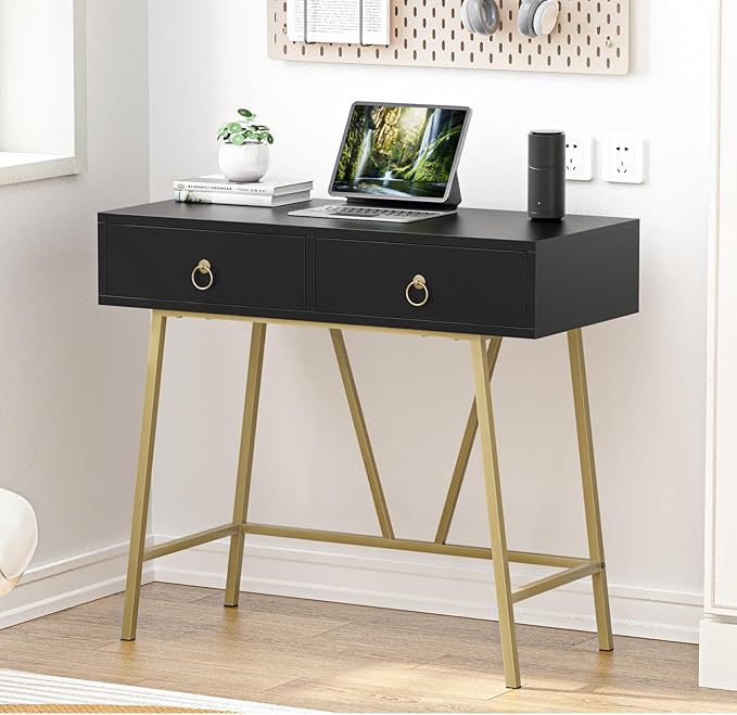 Anmytek Home Office Desk Black Writing Desk with 2 Drawers Modern & Simple Makeup Vanity Study Table Small Computer Desk, D0007