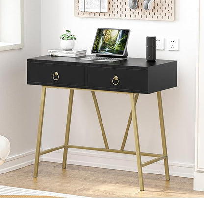 Anmytek Home Office Desk Black Writing Desk with 2 Drawers Modern & Simple Makeup Vanity Study Table Small Computer Desk, D0007