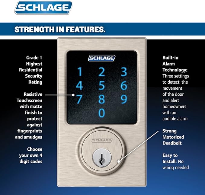 SCHLAGE Connect Century Touchscreen Deadbolt with Built-In Alarm and Handleset Grip with Latitude Lever, Satin Nickel, FE469NX LAT 619 CEN