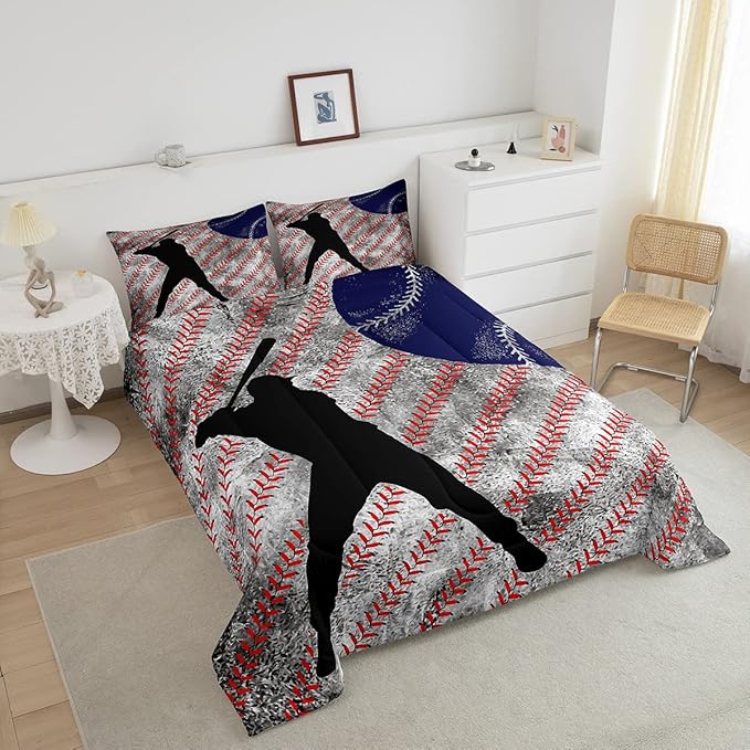 Erosebridal Baseball Comforter Set Twin for Boys Teen Baseball Athlete Bedding Set Kids Ball Games Sports Bed Comforter Sets Sport Baseball Quilt Duvet 1 Pillow Case Retro Red Dark Blue White