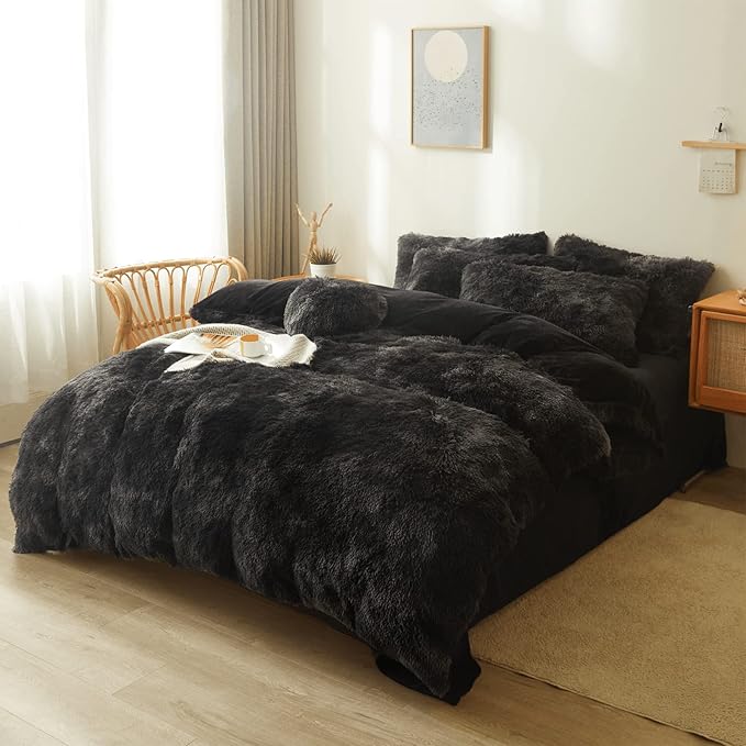 Tie dye Black Plush Fluffy Comforter Cover Set Queen - Ultra Soft Faux Fur tie dye Bedding Sets 3 Pieces (1 Shaggy Duvet Cover + 2 Pillow case) Black Fluffy Bed Set (Tie Dye Black, Queen)