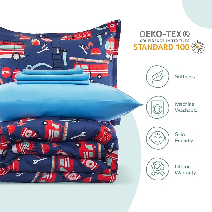 SLEEP ZONE Kids Bedding Comforter Set Full/Queen Size - 7 Pieces Super Cute & Soft Bedding Sets & Collections with Comforter, Sheet, Pillowcase & Sham - Fade Resistant Easy Care (Fire Truck)