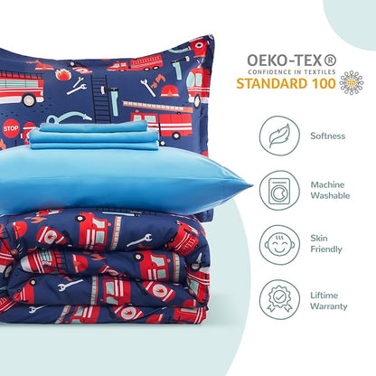 SLEEP ZONE Kids Bedding Comforter Set Full/Queen Size - 7 Pieces Super Cute & Soft Bedding Sets & Collections with Comforter, Sheet, Pillowcase & Sham - Fade Resistant Easy Care (Fire Truck)