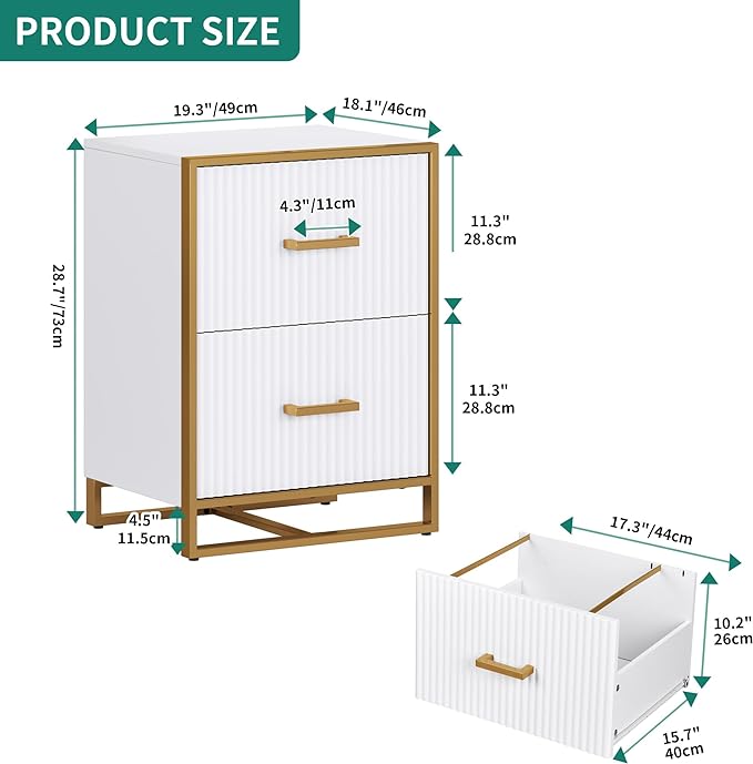 YITAHOME 2 Drawer File Cabinet, Lateral Filing Cabinet for Home Office, White and Gold
