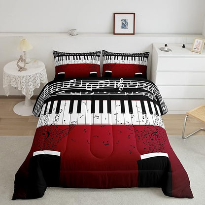 Erosebridal Music Notes Comforter Set for Kids Boys Teens Men Piano Keys Down Comforter Twin Size Rock Musical Bedding Set Play Piano Duvet Sets Music Bedroom decor with 1 Pillow Case Red Black