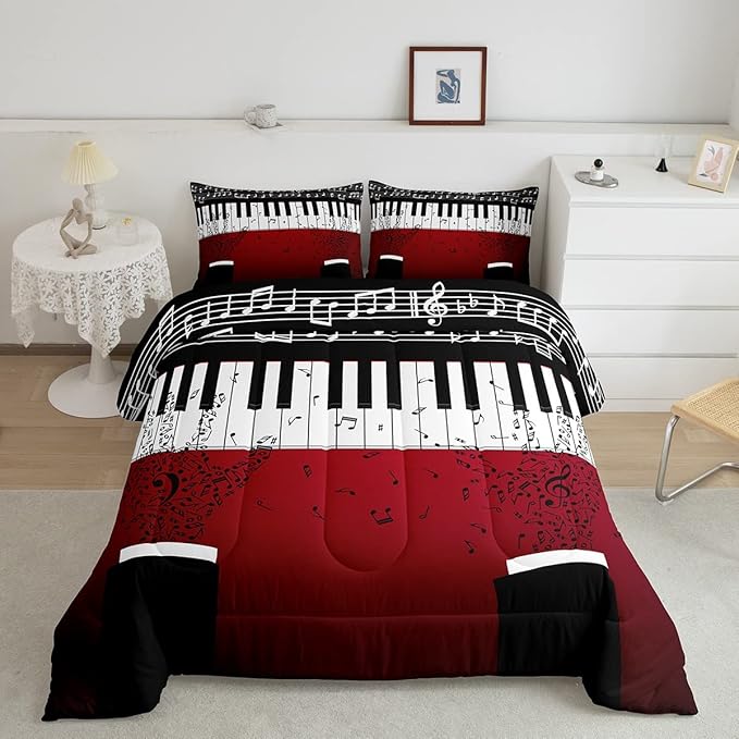 Erosebridal Music Notes Comforter Set for Kids Boys Teens Men Piano Keys Down Comforter Full Size Rock Musical Bedding Set Play Piano Duvet Sets Music Bedroom decor with 2 Pillow Cases Red Black
