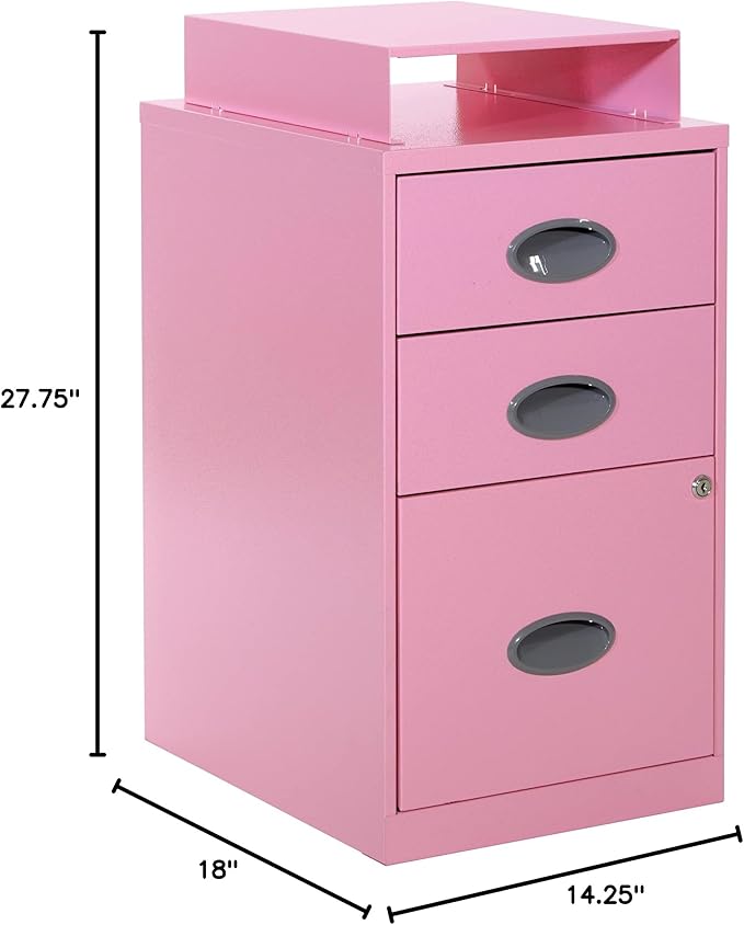 OSP Home Furnishings 3 Drawer Locking Metal File Cabinet with Top Shelf, Pink
