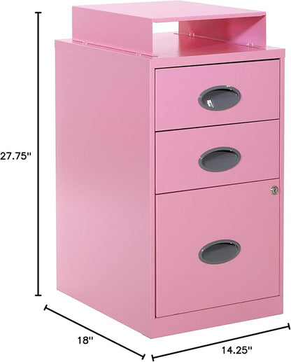 OSP Home Furnishings 3 Drawer Locking Metal File Cabinet with Top Shelf, Pink