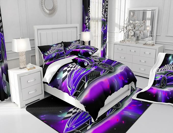 Purple Race Car Comforter Set Full Size, Black White Lattice Bedding Set 2pcs for Kids Boys Teens Room Decor,Extreme Sport Games Quilt Set,Cool Modern Duvet Insert with 2 Pillowcases