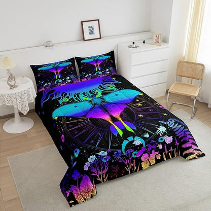 Erosebridal Moth Comforter Set Hippie Psychedelic Sun and Moon Bedding Set Queen,Purple Blue Ombre Galaxy Floral Botanical Comforter for Girls Teens Women Stars Planet Quilt Duvet 2 Pillowcases