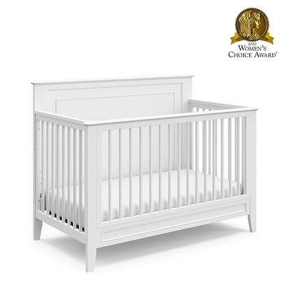 Storkcraft Solstice 5-In-1 Convertible Crib (White) – GREENGUARD Gold Certified, Converts to Toddler Bed and Full-Size Bed, Fits Standard Full-Size Crib Mattress, Adjustable Mattress Support Base