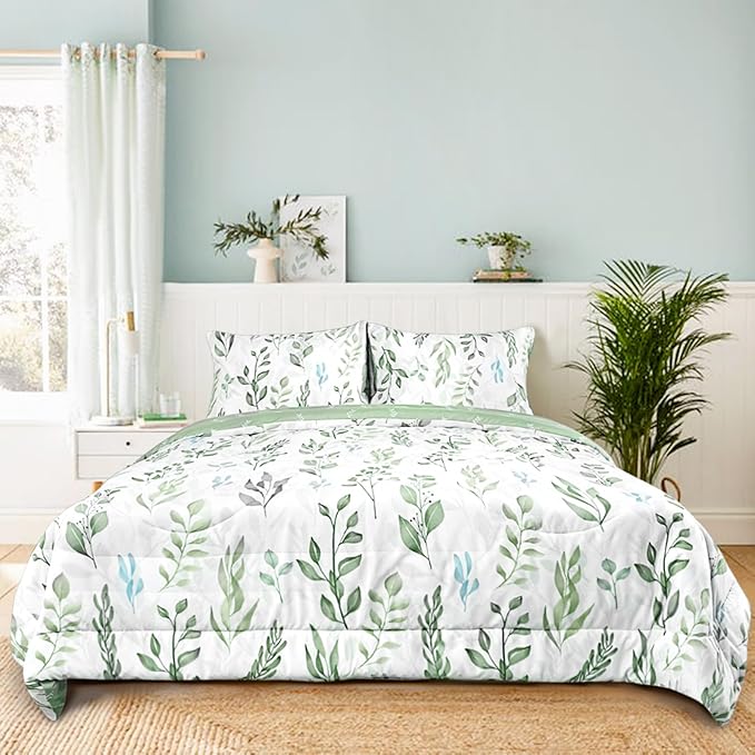 DILIMI Full Size Comforter Set for Girls, 5 Pieces Reversible Comforter Full Size, Ultra Soft Green Leaf Full Size Bed Comforter Sets with Sheet, Comforter, Flat Sheet, 2 Pillowcase