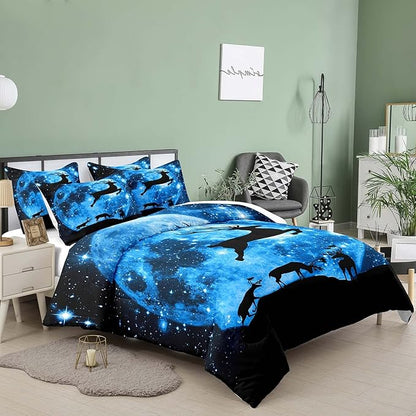 NINENINE Galaxy Deer Comforter Queen Size for Boys Girls Kids,Blue Moonlight Bedding Sets,Outer Space Bedding Set with 1 Comforter 2 Pillowcases